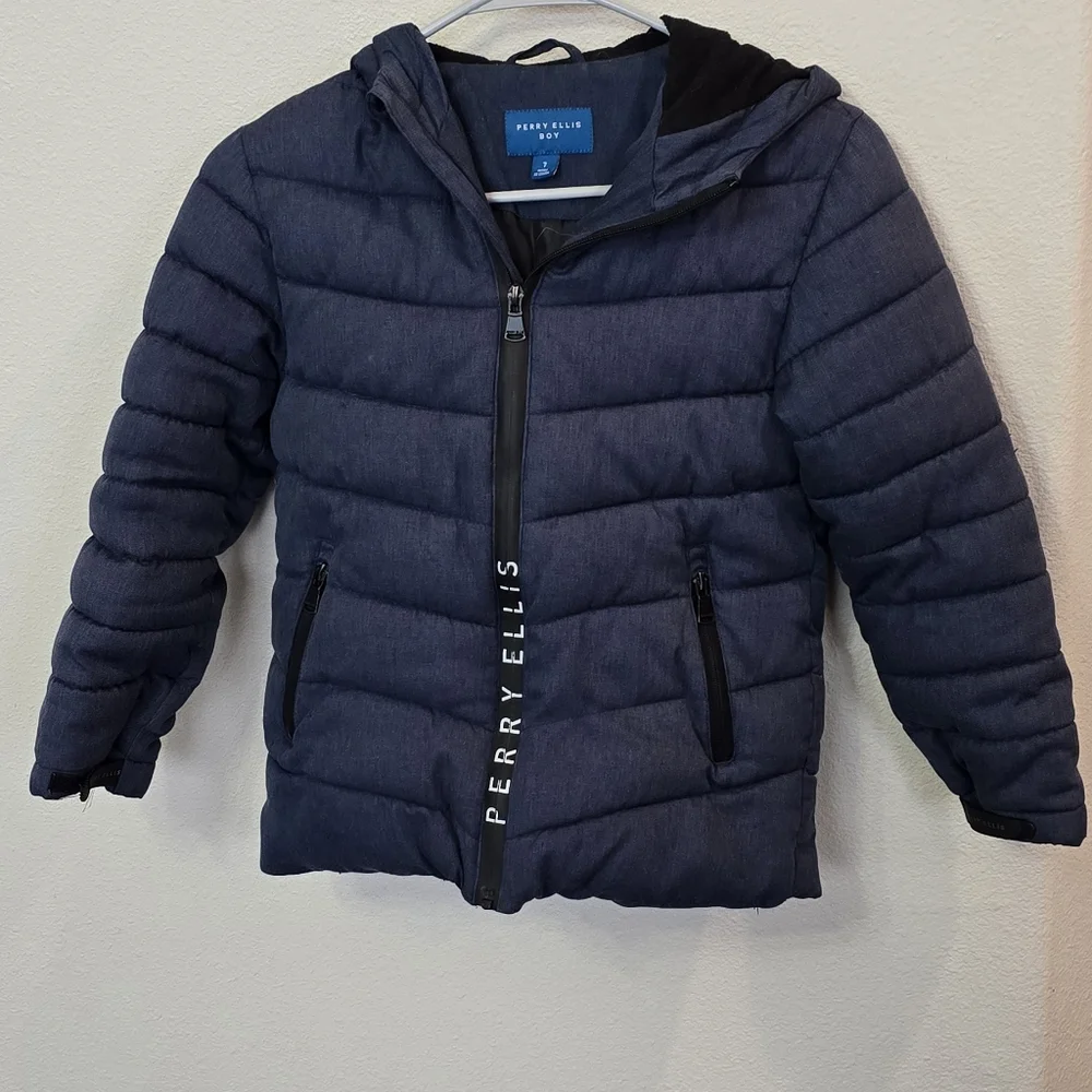 PERRY ELLIS Boy Navy Quilted Parka Hooded Coat Jacket Kids Boys 7